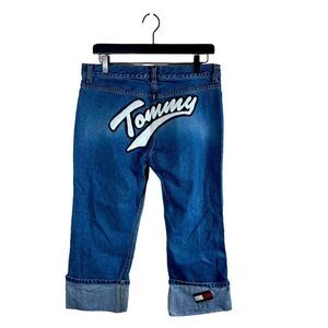 Vintage 1990s Tommy Hilfiger Logo Chenille Spell out Cuffed Denim Jeans